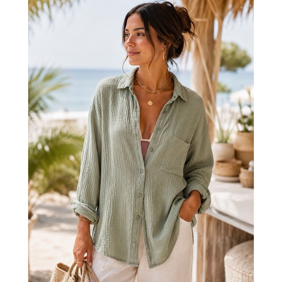 Kona Sol Tops - Kona‎ Sol Sage Green Gauze Button Down Shirt Size L Oversized Beach Cover Up